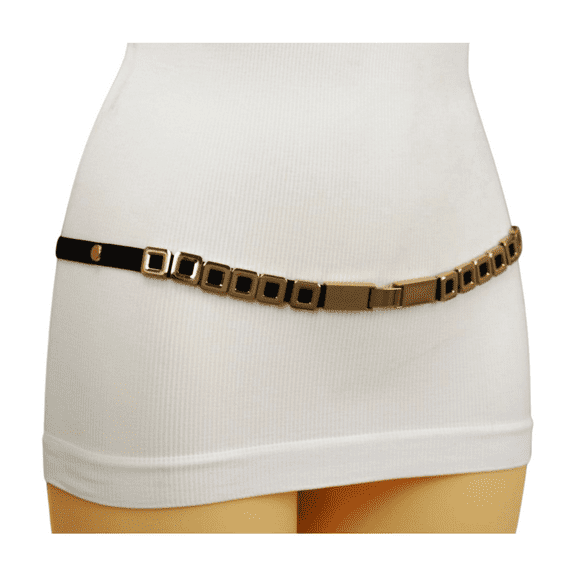 Women Black Elastic Fashion Belt Gold Metal Square Charms S M L