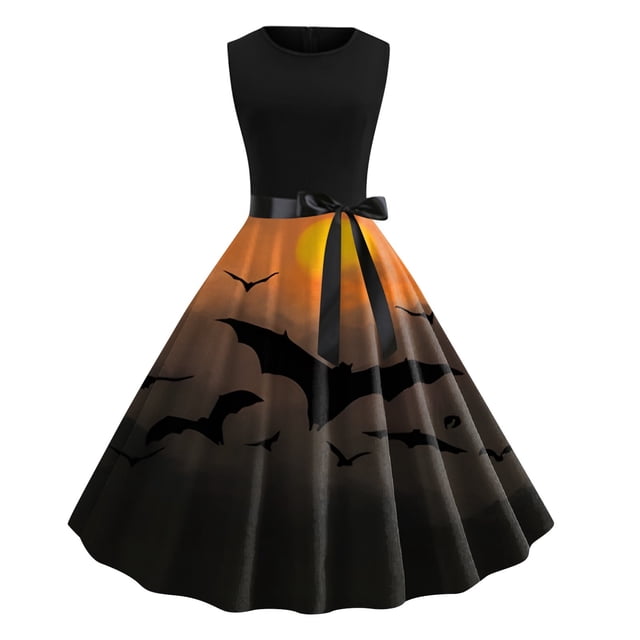 Robe Sans Manches à Col Rond Imprimée pour Femmes, Robe de Bal Élégante et Fluide pour Fête