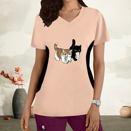 

wo-fusoul Summer Savings Clearance! Womens Scrubs Tops Short-Sleeve Cute Cartoon Graphics Nurse Uniform Crew Neck Working Uniform Patchwork Color T-Shirts Casual Blounce w/Pockets