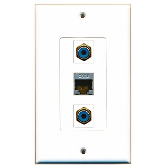 RiteAV - 2 Port RCA Blue and 1 Port Shielded Cat6 Ethernet Decorative Wall Plate Decorative