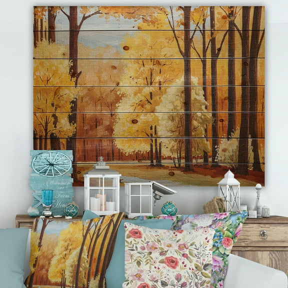 Designart 'Orange Autumn Trees At Sunrise' Farmhouse Print on Natural Pine Wood