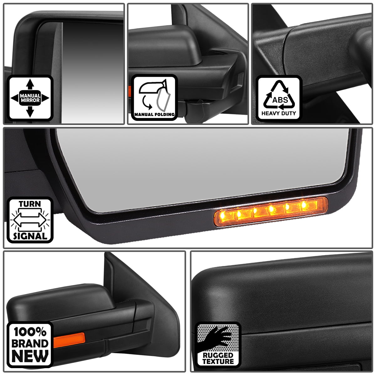 DNA Motoring Towing Side Mirror — Right Side Only For 2004-2014 Ford F-150, Manual Telescoping, Built-in Turn Signal