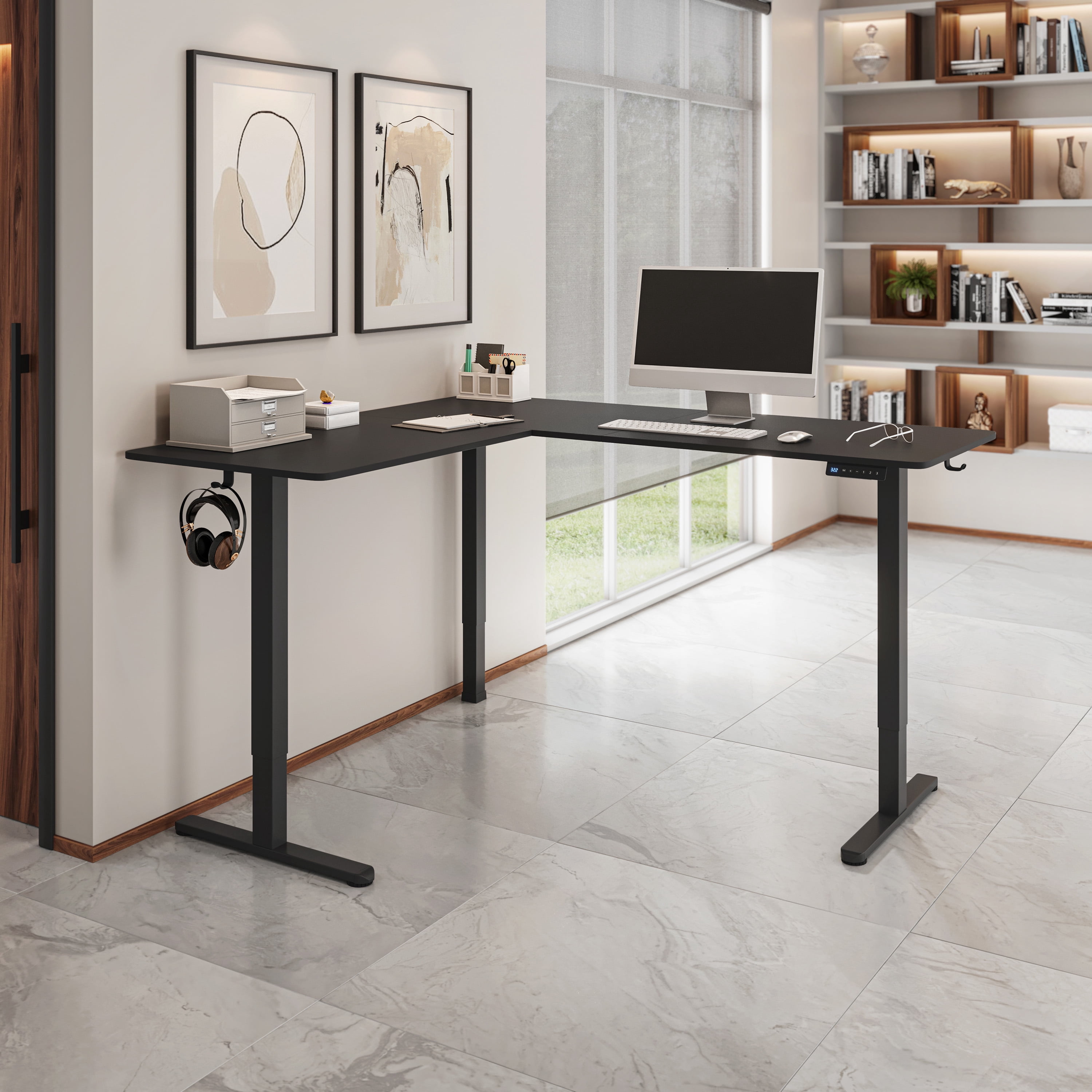Techni Mobili 63” W L-Shaped Electric Standing Desk with Spacious Desktop, 3 Memory Height Presets and 2 Accessory Hooks, Black