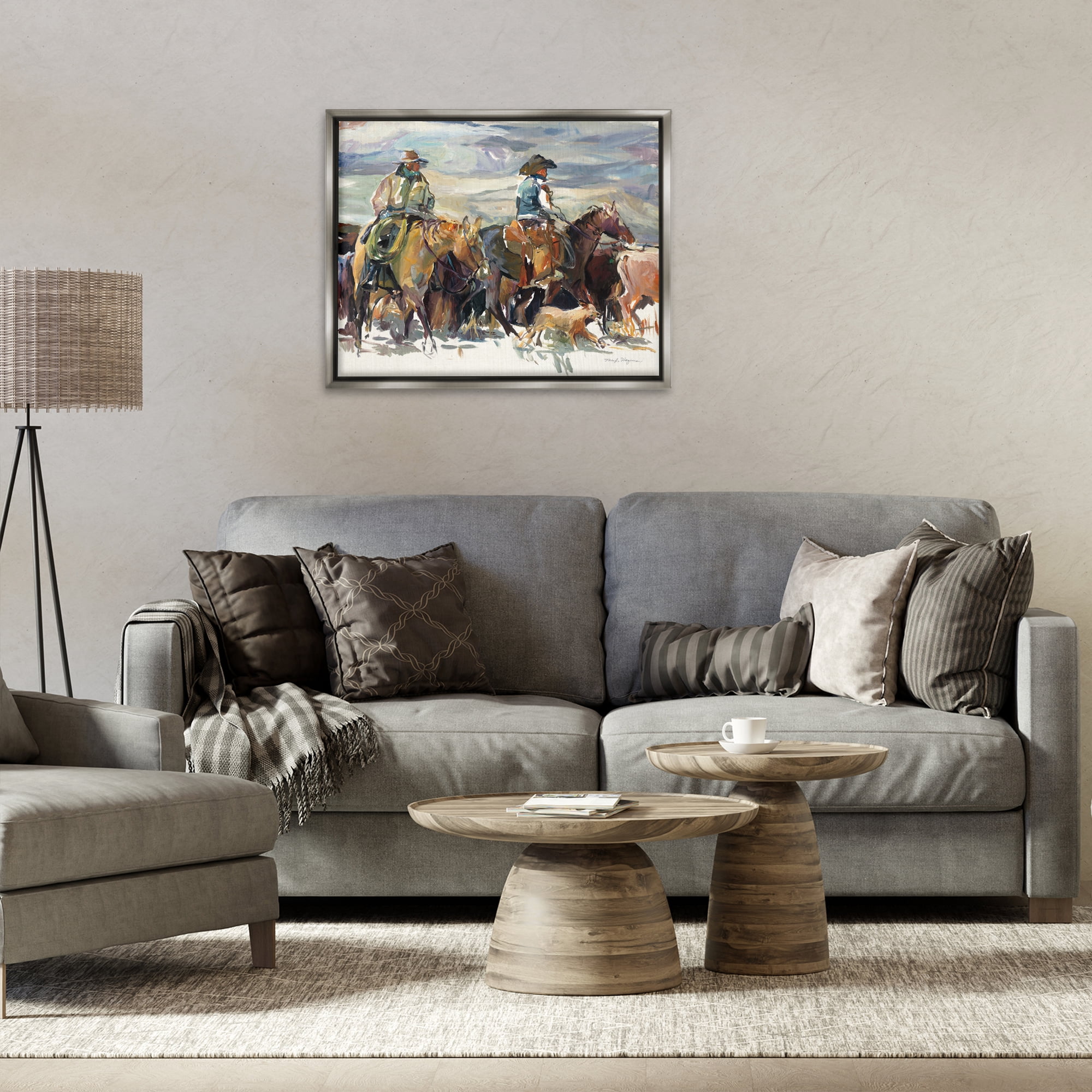 Stupell Industries The Roundup Western Painting Animals Painting Gray Floater Framed Canvas Art Print Wall Art, 31 x 25