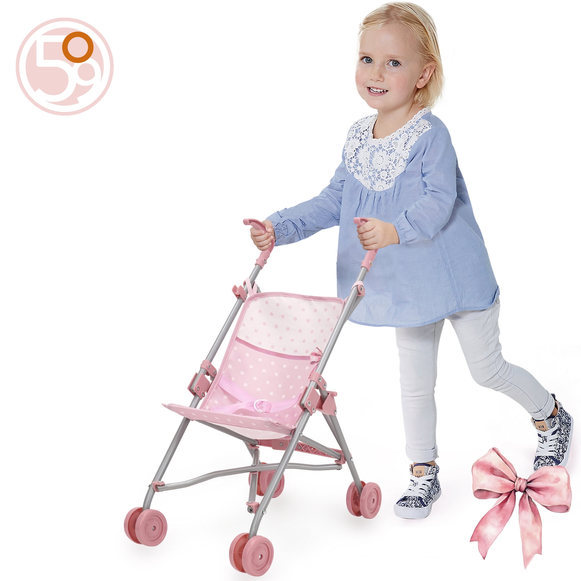 509 Crew: Bow Umbrella Doll Stroller - Pink & White, Push Buggy, Secure Safety Harness, Lightweight & Foldable, Roleplay Toy, Doll Accessory, Kids 3+