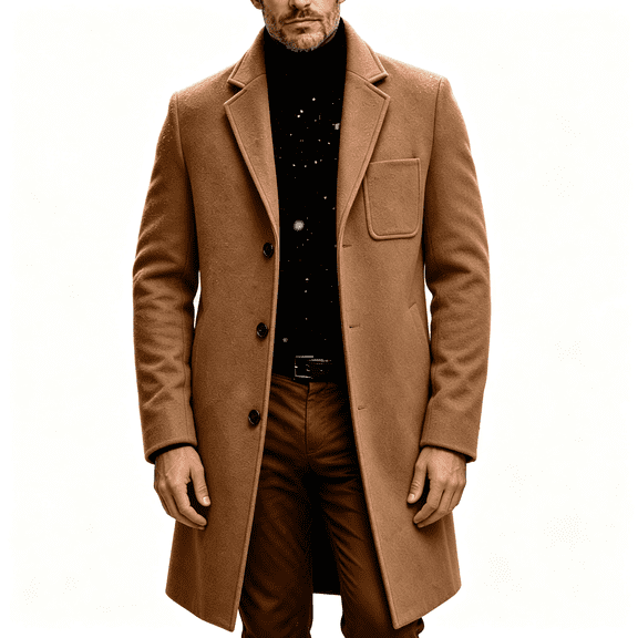 Mens Wool Trench Coats Casual Single Breasted Fall Winter Notched Collar Long Pea Coat Overcoat Brown 2XL
