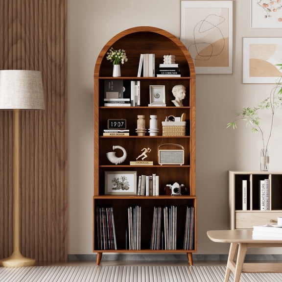 LUCKYELF Large Record Player Stand, Arched Modern Bookshelf, Holds Up 350  Albums, Vinyl Storage Cabinet