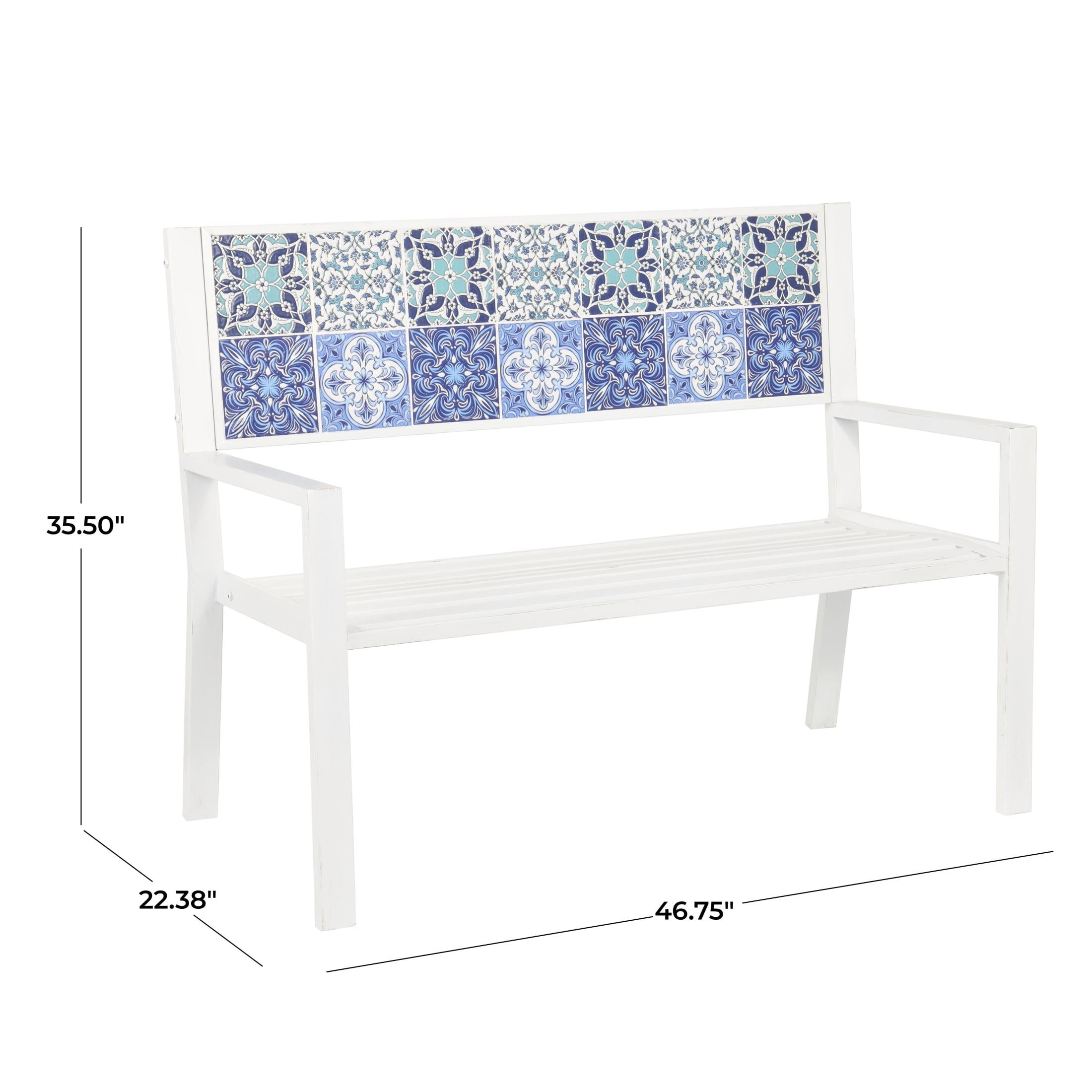 DecMode Metal Floral Scroll Mosaic Outdoor Bench with Blue and Teal Patterns, White