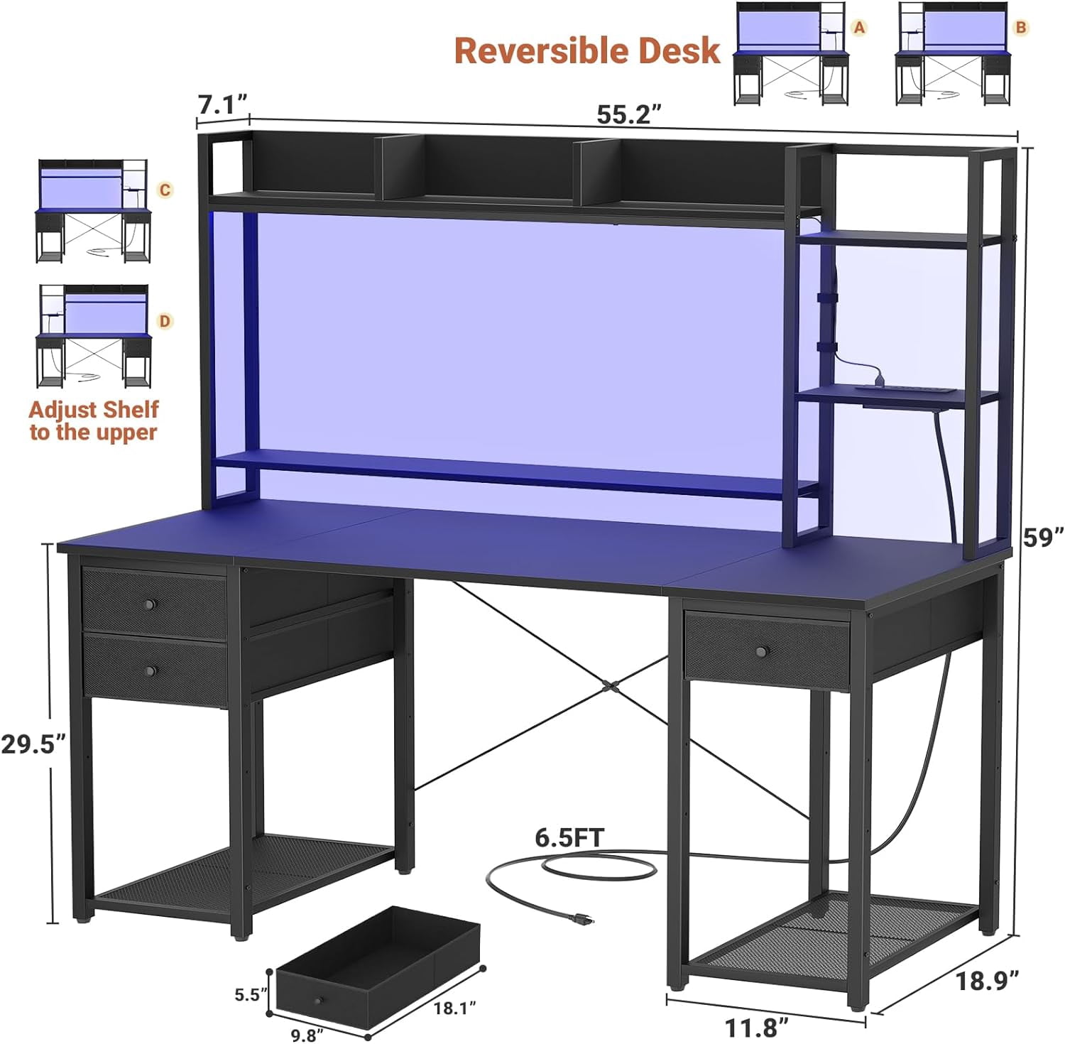 Homieasy Desk with Hutch & Power Outlets, 55.2'' Computer Gaming Desk with LED Lights and Drawers, Reversible Office Desk with Storage Shelves, Workstation Desk for Home & Office, Black
