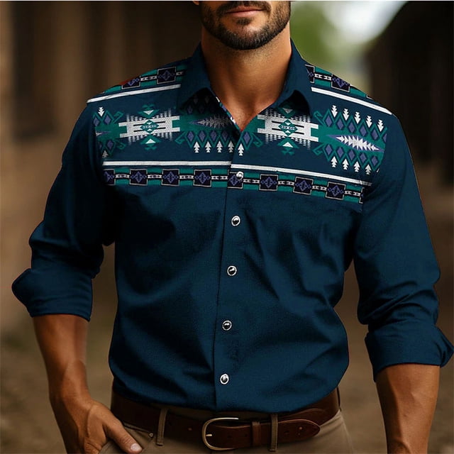 Camisa vintage para hombre , ropa étnica, camisa occidental, patrón tribal, retro, negra, gris, suave, cómoda, ropa suave, nueva, talla grande