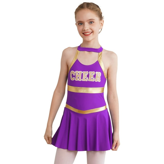 vastwit Tenue d'Uniforme de Cheerleading pour Filles Sans Manches Robe à Imprimé de Lettres Costume de Performance de Danse Violet 10