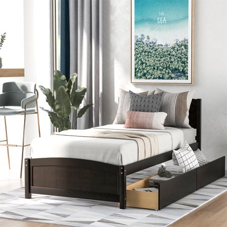Twin Size Platform Bed with Two Drawers  Platform Storage Bed Frame with Headboard and Footboard for Kids Teens Girls Boys  Solid Wood Daybed with Wood Slat Support for Bedroom  Espresso