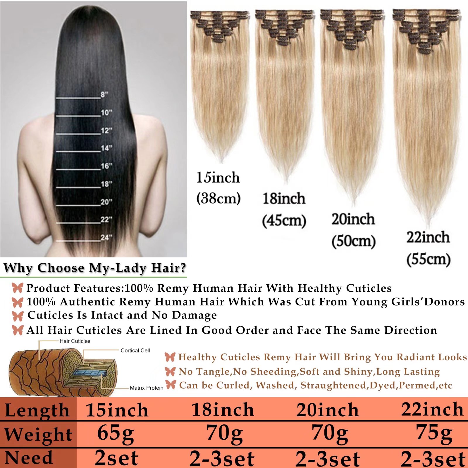 Clip in Hair Extensions Real Human Hair 15inch Remy Hair Extensions Clip in