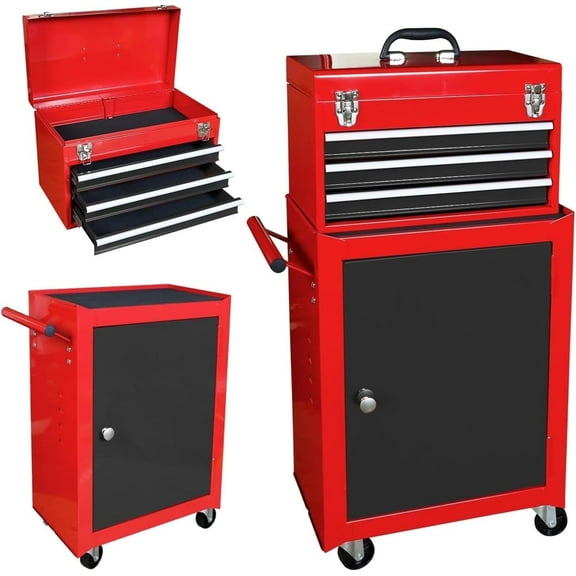 HPDAVV Detachable 3 Drawer Tool Chest Large Storage Cabinet and Adjustable Shelf Red