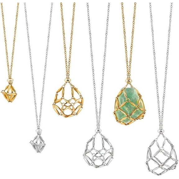 6Pcs 2 Colors 3 Sizes Stainless Steel Adjustable Crystal Necklace Holder Empty Stone Holder Nets Necklace Pendant with Brass Empty Crystal Cage for Pendant Necklaces Making