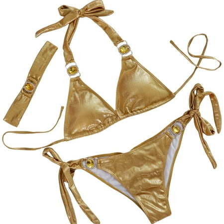 JIANJIA Womens Swimsuits Gradient Print Lace Up Halter Sexy Brassiere With Thongs Sexy Sparkly Beach Swimsuit Three Piece Bikinis Swimwears Bathing Suits Yellow S