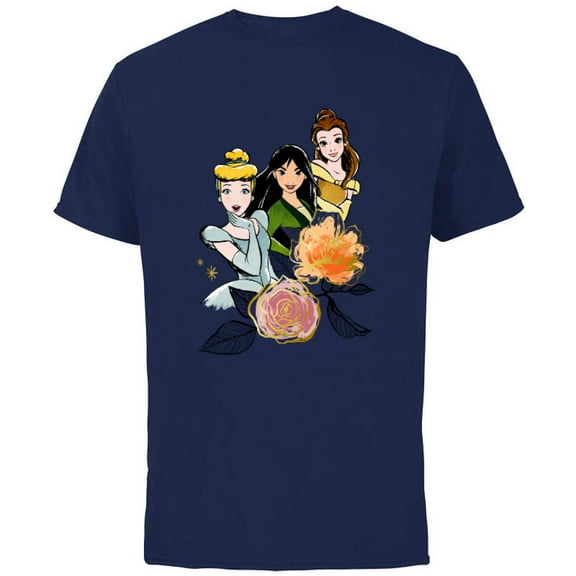 Disney Princess Cinderella Mulan Belle Floral - Short Sleeve Cotton T-Shirt for Adults - Customized-Navy
