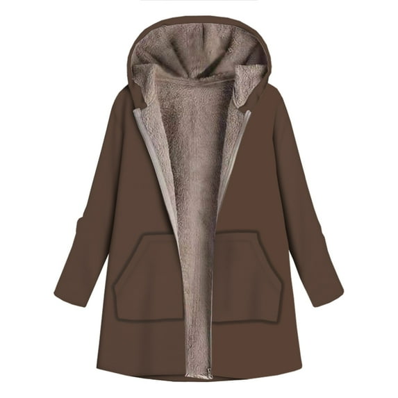 Hfyihgf Womens Fleece Zip Up Jacket Oversized Winter Hooded Coats Long Sleeve Outwear with Pockets Brown XXL
