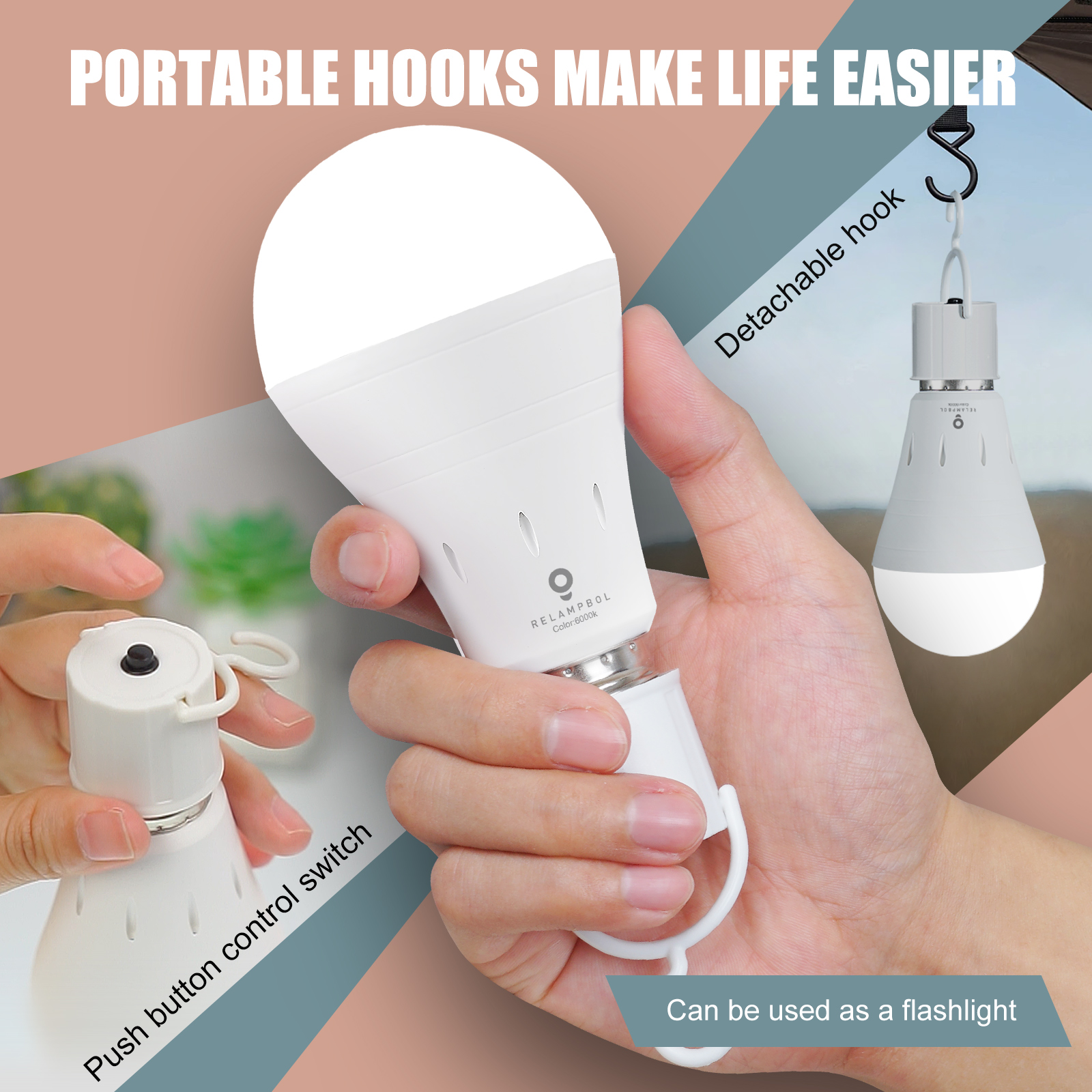 2 Pack Rechargeable Light Bulb Emergency Battery Operated Light Bulbs LED Dimmable 6000K 9W 800Lumens E26 1200mAh for Power Outage