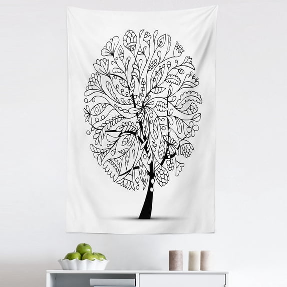 White Tapestry, Monochrome Doodle Tree with Abstract Leafy Floral Branches Illustration, Fabric Wall Hanging Decor for Bedroom Living Room Dorm, 5 Sizes, Charcoal Grey and White, by Ambesonne