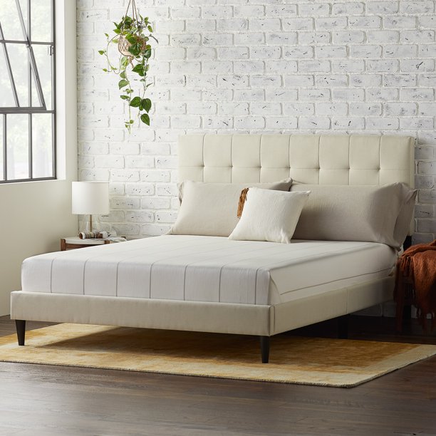 Rest Haven Upholstered Platform Bed Frame with Square Tufted Headboard