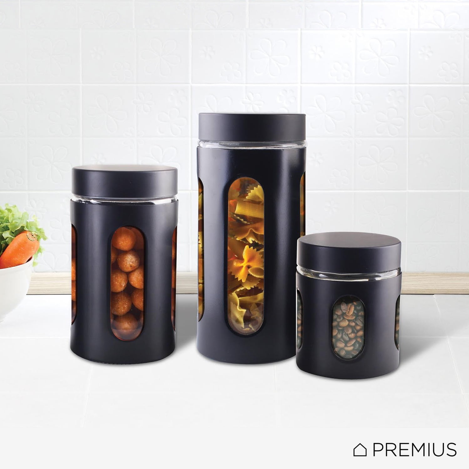 Premius Airtight 3Piece Kitchen Glass Canister Set, Matte Black