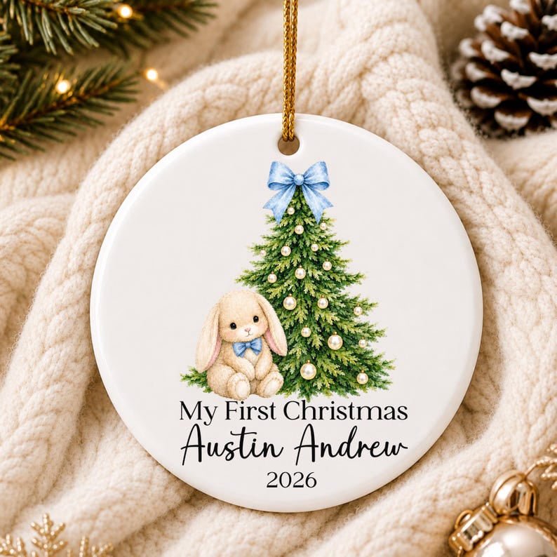Personalized Baby’s First Christmas Bunny Ornament with Name and Year, Newborn Boy Holiday Keepsake Gift 2026
