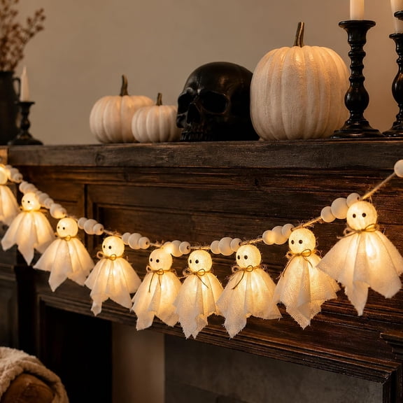 Halloween Decor - Lit Ghost Garland with LED Lights Halloween Party Banner|6.9 FT Adjustable Ghost Garland with Wooden Beads and Warm LED Glow for Mantel, Wall, Office, Indoor or Outdoor Party Decor