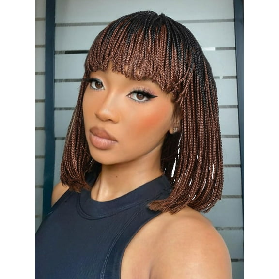 Braided Wigs for Black Women Short Box Braid Wig with Bangs Synthetic Bob Braid Wig for African American Women Brown 14