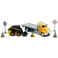 thumbnail image 2 of Peterbilt Roll-Off Flatbed Truck Yellow and New Holland L228 Skid Steer Yellow with Road Signs 1/43 Diecast Model by New Ray, 2 of 3