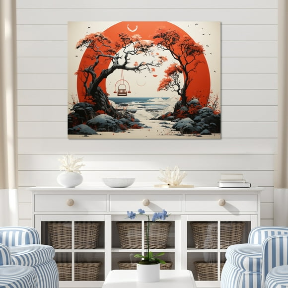 Designart Coastal Ocean Wall Art, Swing Papercut Japon Seaside wall decor I , coastal ocean Large Wall art decor, Coral Nautical & Coastal Canvas wall art, 20x12 inches