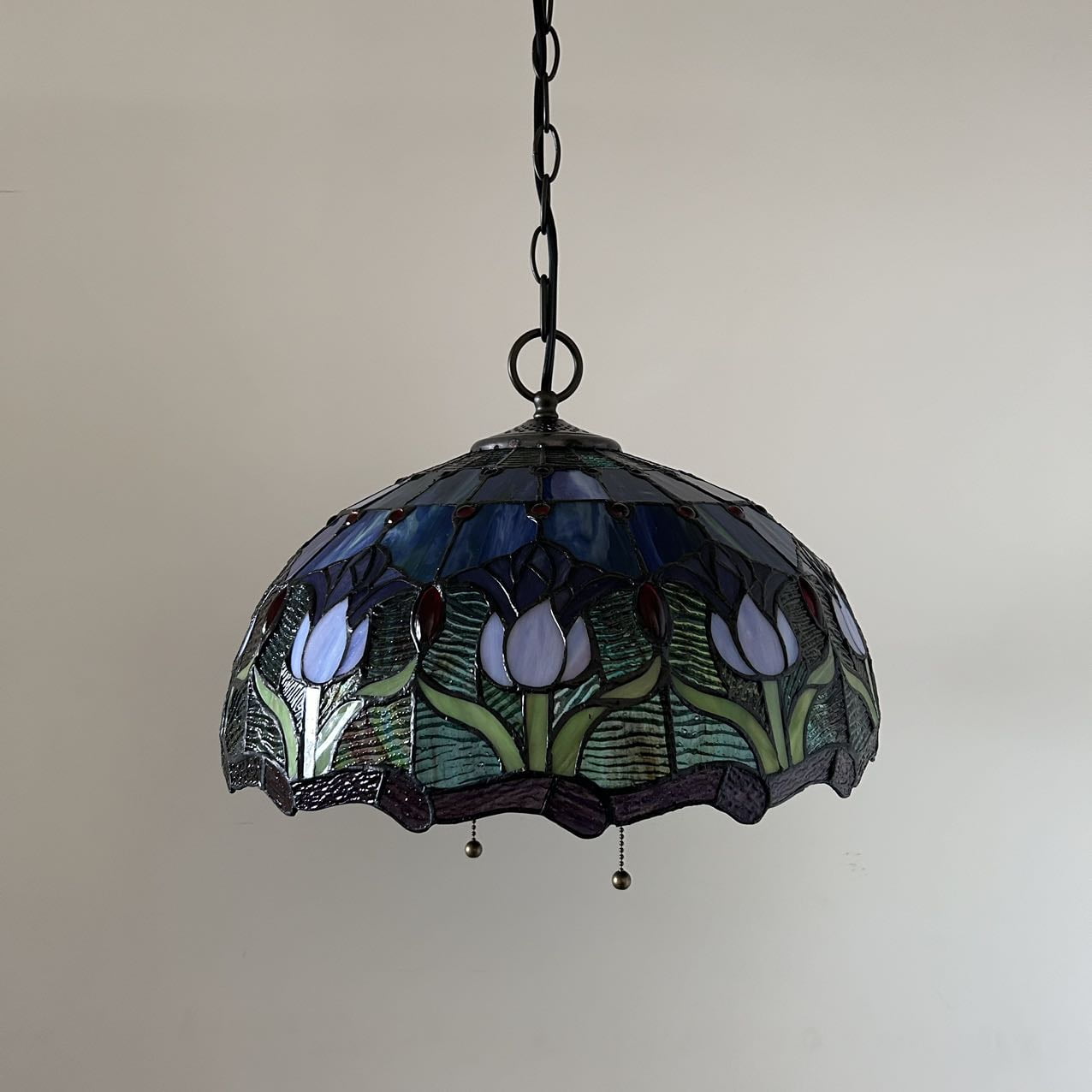 Tiffany Pendant Lights Fixture Blue Purple Stained Glass Tulips LED Bulb Included for Dining Room Hotel Restaurant Cafe 16"W*16"D*75"H