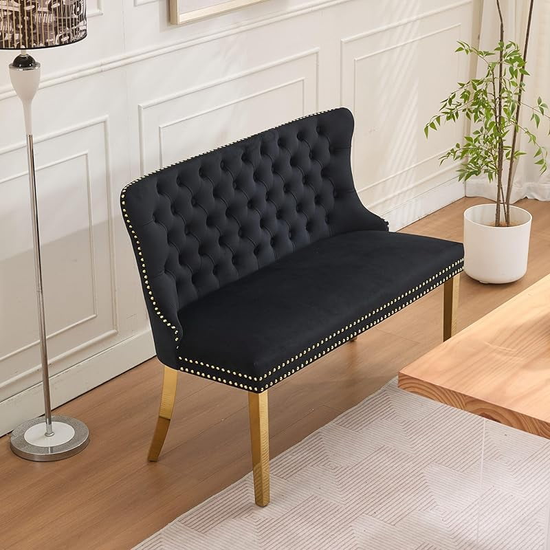 Modern Velvet Double Dining Loveseat Bench, 2 - Seat Tufted Wingback Bench with Handmade Buttons, Gold - Plated Steel Legs, Upholstered Armless Dining & Living Room Seating