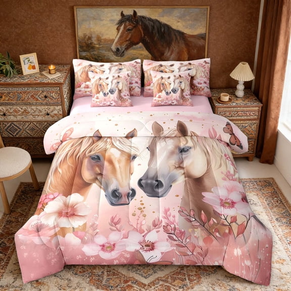 Erosebridal Farm Horse Twin Bedding Sets, Pink Flower Butterfly Bedding Comforter Set for Girls