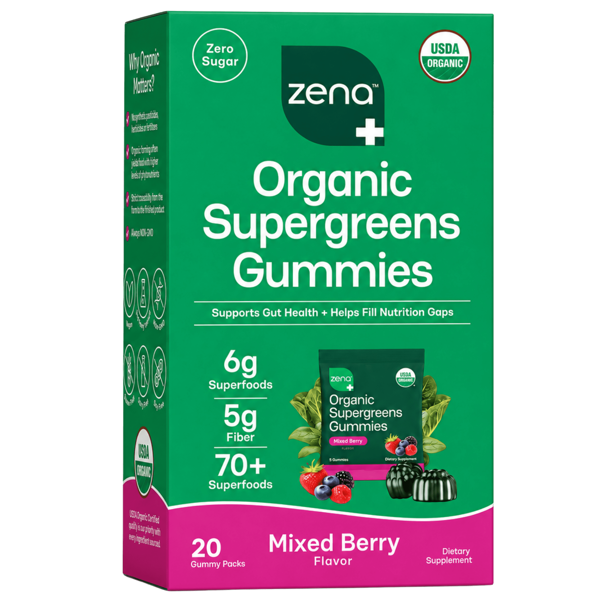 Zena Organic Supergreens Gummies, 70+ Superfoods, 0 Sugar, 5G