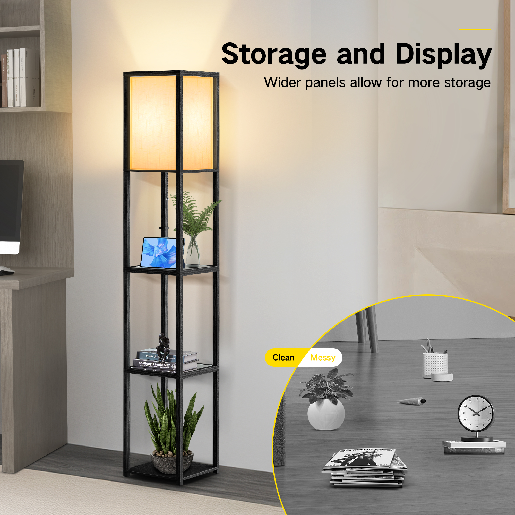 OUTON 65'' Floor Lamps with Shelves, Home Standing Lamp, Include 1080 Lumens Lighting Bulbs, Shelf Floor Lamp, Black Floor Lamps for Living Room, Bedroom, Lamp with Storage Dustproof
