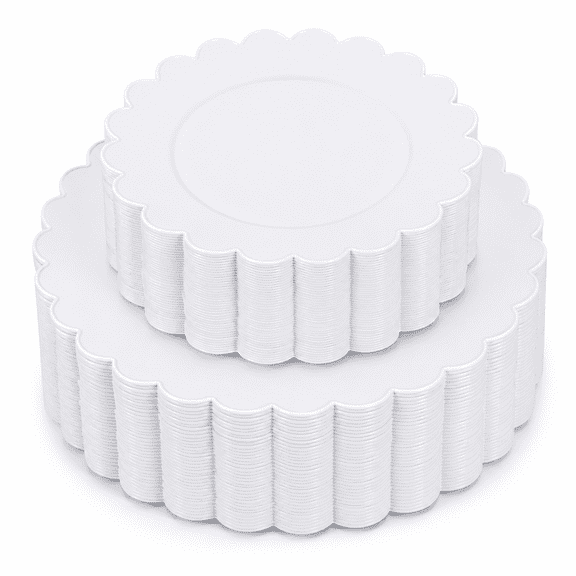 100white Scalloped Plastic Plates Set For Wedding Reception | Heavy Duty Disposable Dinnerware (50 Dinner 50 Dessert) Bridal Show