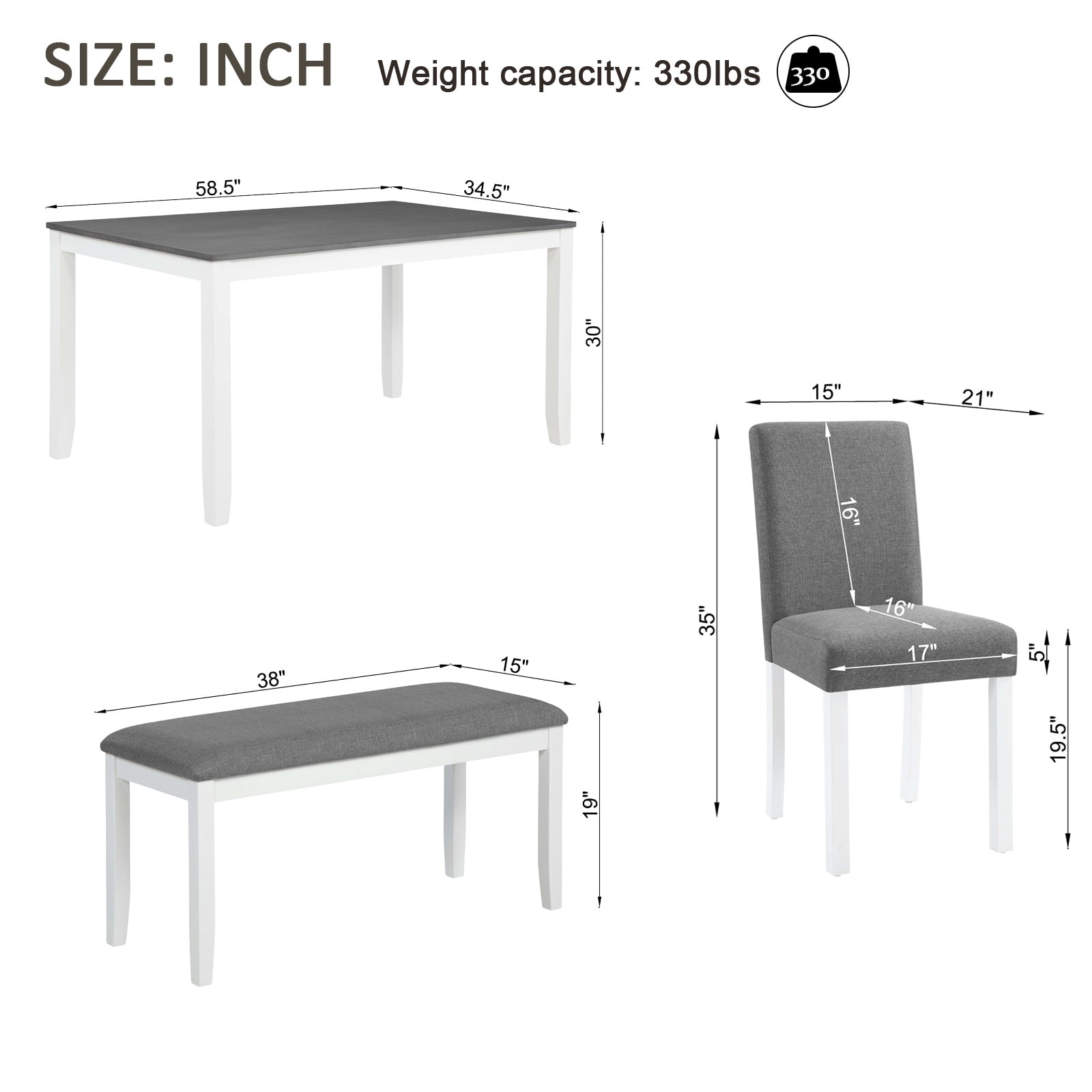 PORKISS Dining Table Set for 6, Farmhouse Dining Table Set with 4 Upholstered Chairs and Bench, Solid Wood Rectangular Dining Set of 6 People for Kitchen, Dining Room, Gray + White