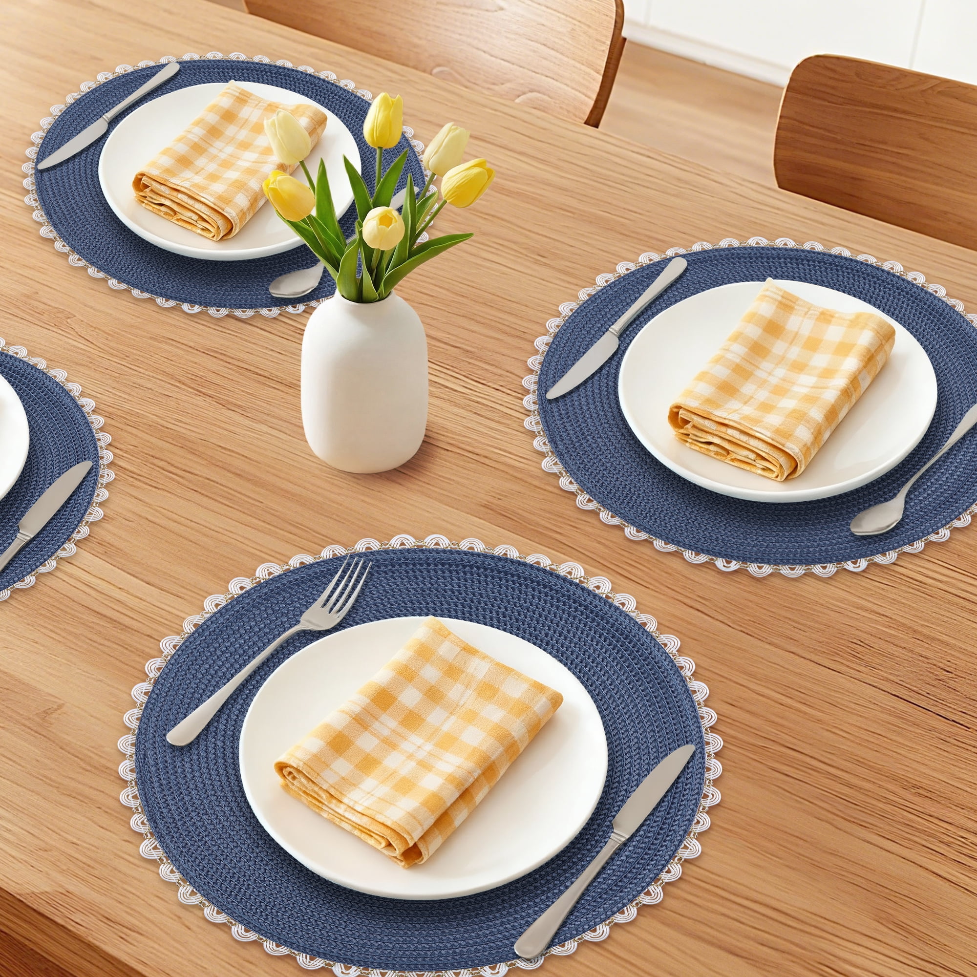 Unique Bargains Round Placemats Set of 6 Woven Table Mats Navy Blue 15.7x15.7inch