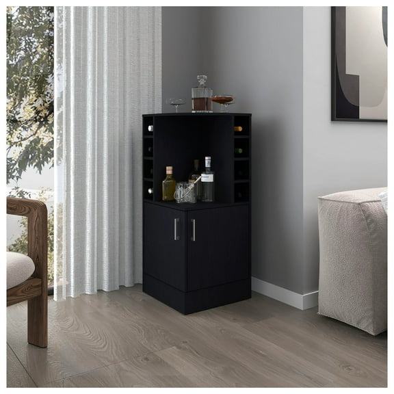 Black Corner Bar Cabinet with Bottle Rack and Open Shelf Freestanding 5 or More Shelves Black Primary Living Space Shelves Included Particle Board
