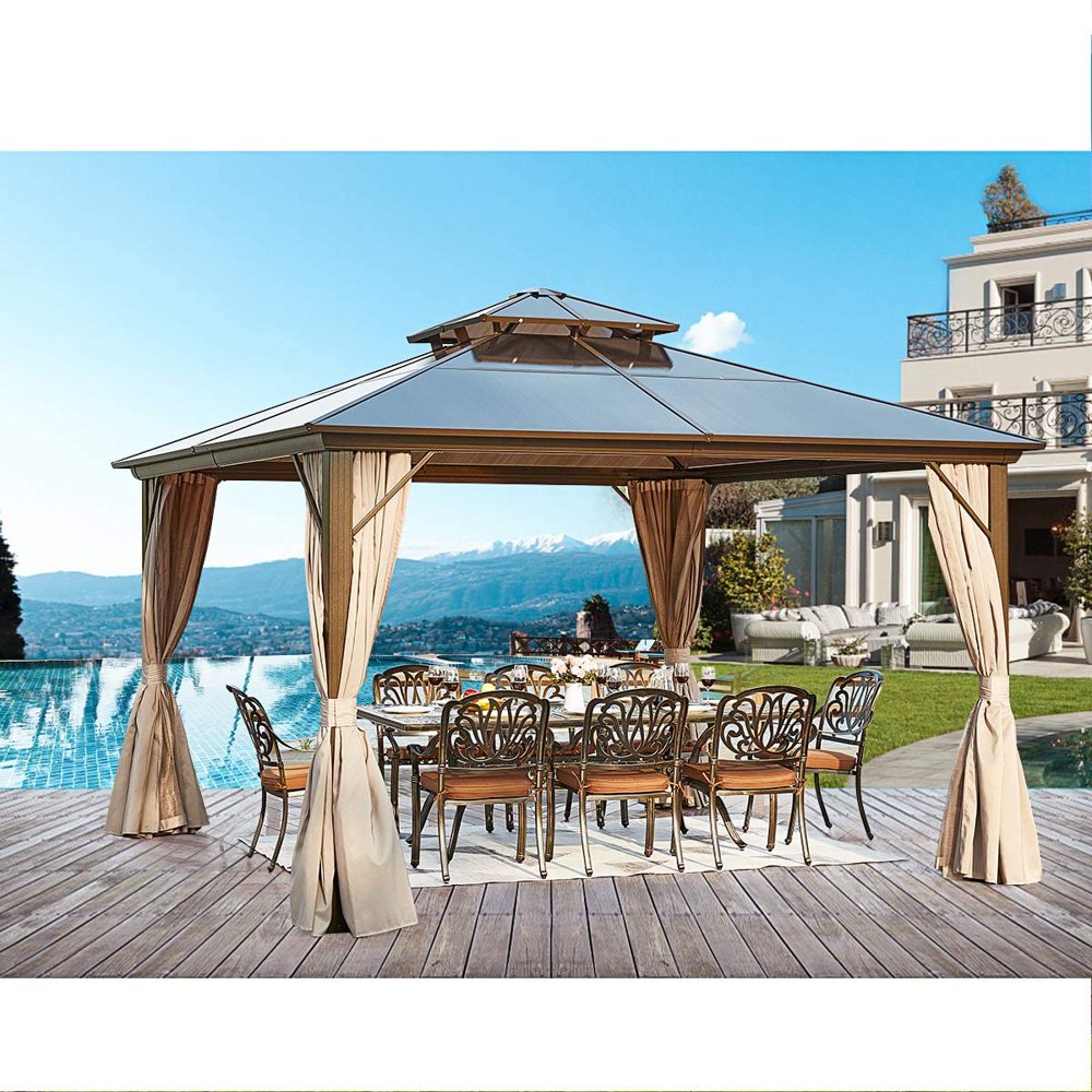 Erommy 12'x12' Outdoor Polycarbonate Double Roof Hardtop Gazebo Canopy