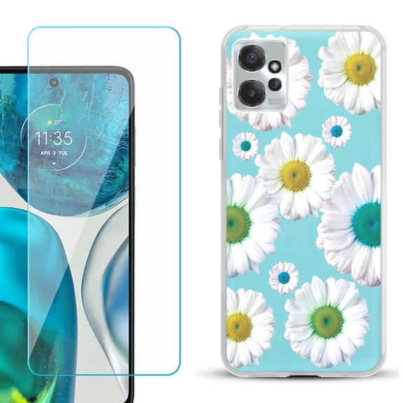 OneToughShield ® for Motorola Moto G Power 5G 2023 Shockproof Fashion Phone Case, with Tempered Glass Screen Protector - Daisy/Teal