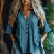 thumbnail image 2 of Tops Henley,Camiseta holgada con cuello en V para mujer, blusa informal de manga larga, mezcla de algodón y lino, largo regular para uso diario, sopatenor, 2 of 8