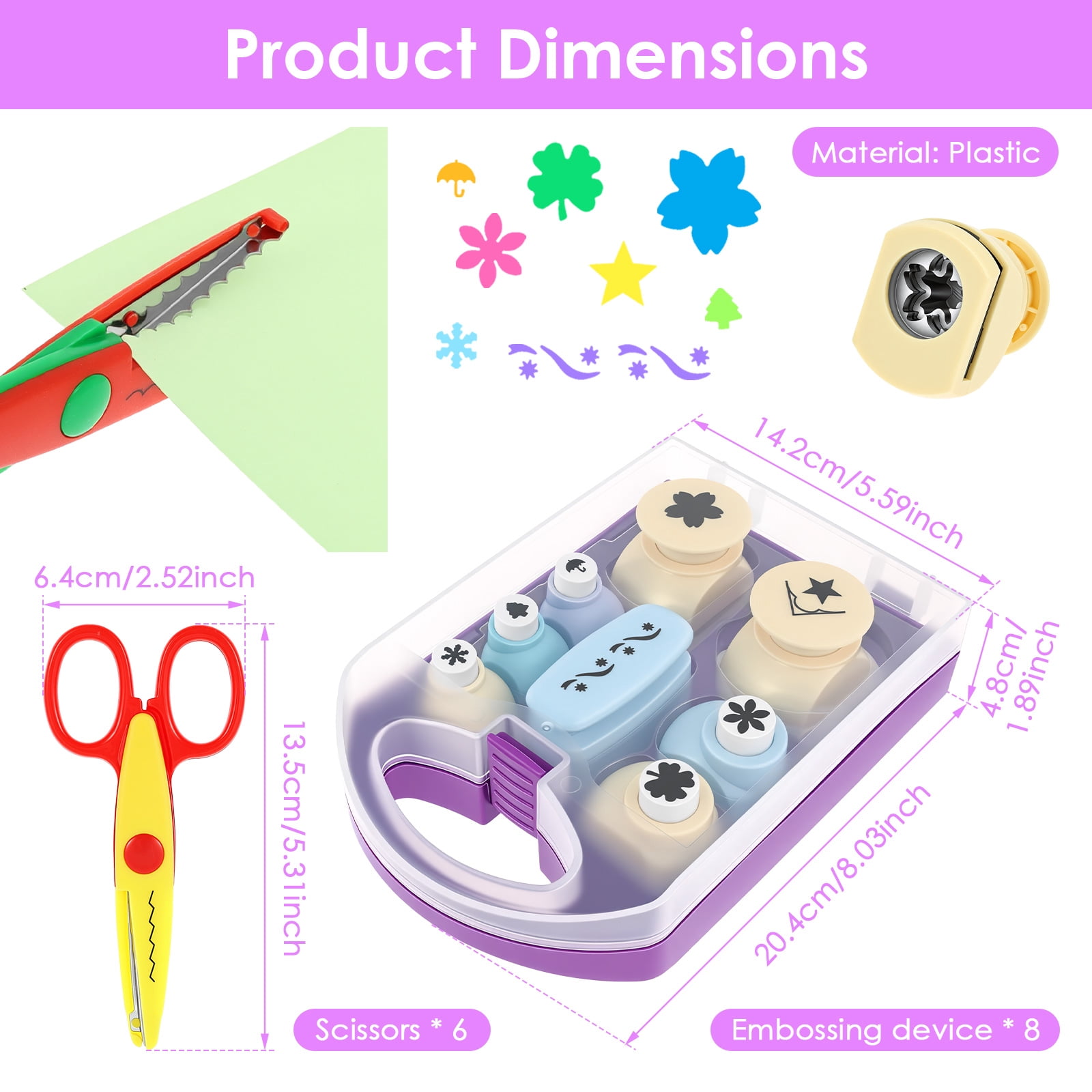 14Pcs DIY Craft Scissors Set, 6 Scissors with Fun Decorative Edge - 8 Paper Hole Punch Shapes , Include Safety Scissors & Hole Punch Shapes, Paper Punches for Crafting, Scrapbooking