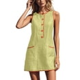 thumbnail image 2 of Wovilon Women's Sleeveless Round Neck Shift Dress with Contrast Piping and Button Front, Cotton Linen Blend Casual Summer Mini Dress for Vacation and Daily Wear, 2 of 7