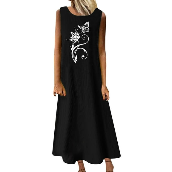Wycnly Summer Dresses for Women Beach Fashion Loose Swing Breathable Cotton Linen Tank Long Dresses 2025 Sleeveless Round Neck Butterfly Print Maxi Formal Dress Black XXXL
