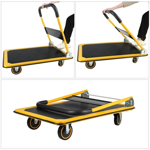 POWANLI Foldable Platform Truck, Push Dolly 660 LBS Weight Capacity, 360 Rolling, Folding Hand Truck for Luggage, Travel, Office, House (Yellow & Black) (35.4" x 24" x 34.6")