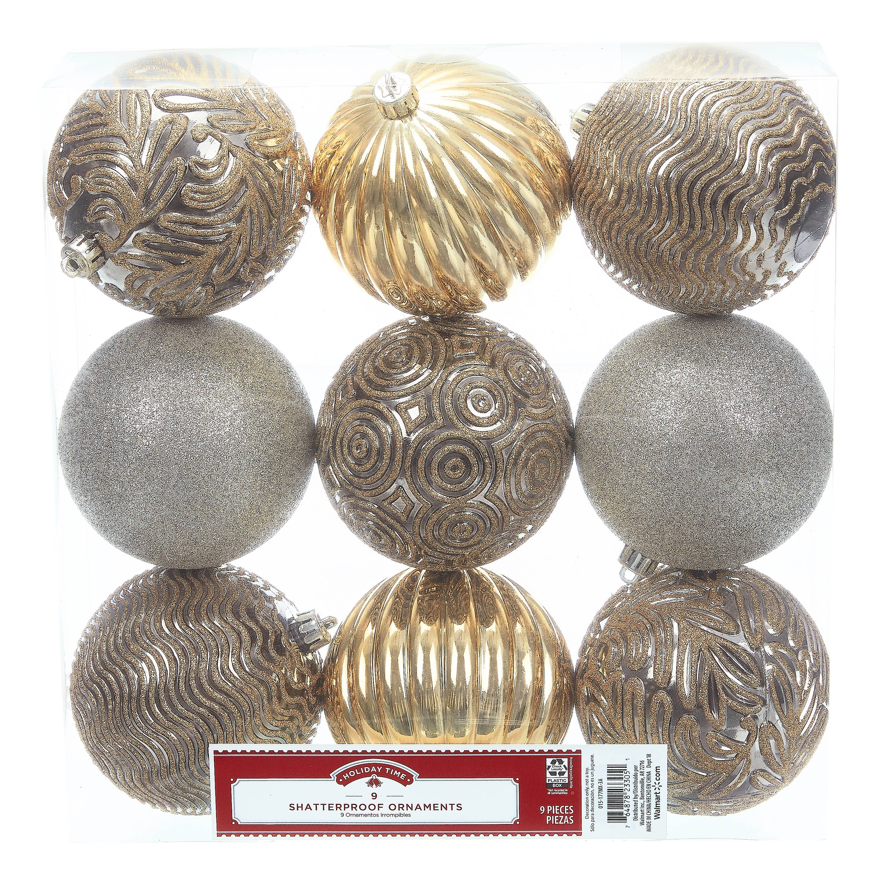 Holiday Time Shatterproof Ornaments, 9Count, Gold Silver Zinc