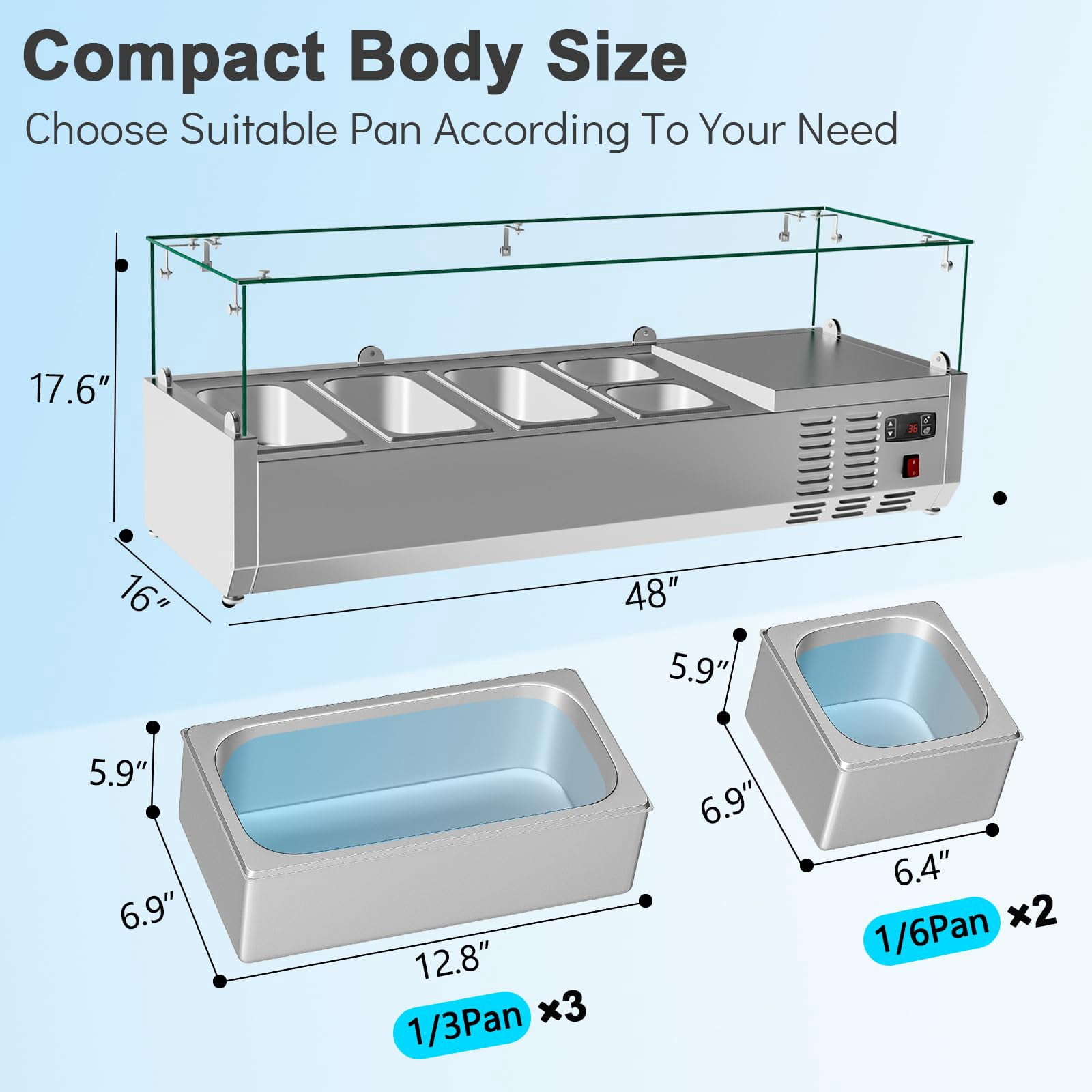 48" Countertop Refrigerated Condiment Station with Auto Defrost & Digital Controller and LED Display,Sandwich Prep Table Guard with 1/3 Pan*6 and 1/6 Pan*4,ETL,Glass Lid for Restaurant Food Tr
