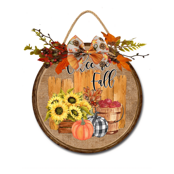 Front Door Porch Decorations Welcome Fall Door Hanging Sign 11 inch Wooden Wall Sign, Rustic Holiday Wreath Decor for Front Door Porch Home Window Wall Farmhouse Decorations